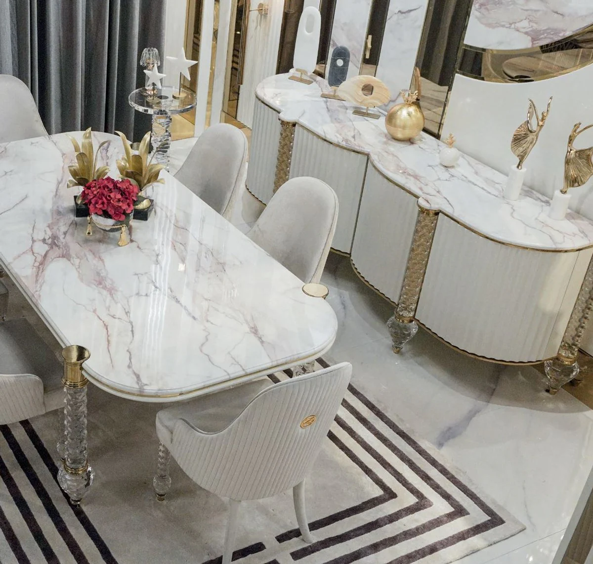 Luxury Art Deco dining table white / gold 230 x 121 x H. 77 cm - Art Deco dining room table with artificial marble table top - Art Deco furniture - Dining room furniture - Luxury furniture - Luxury quality