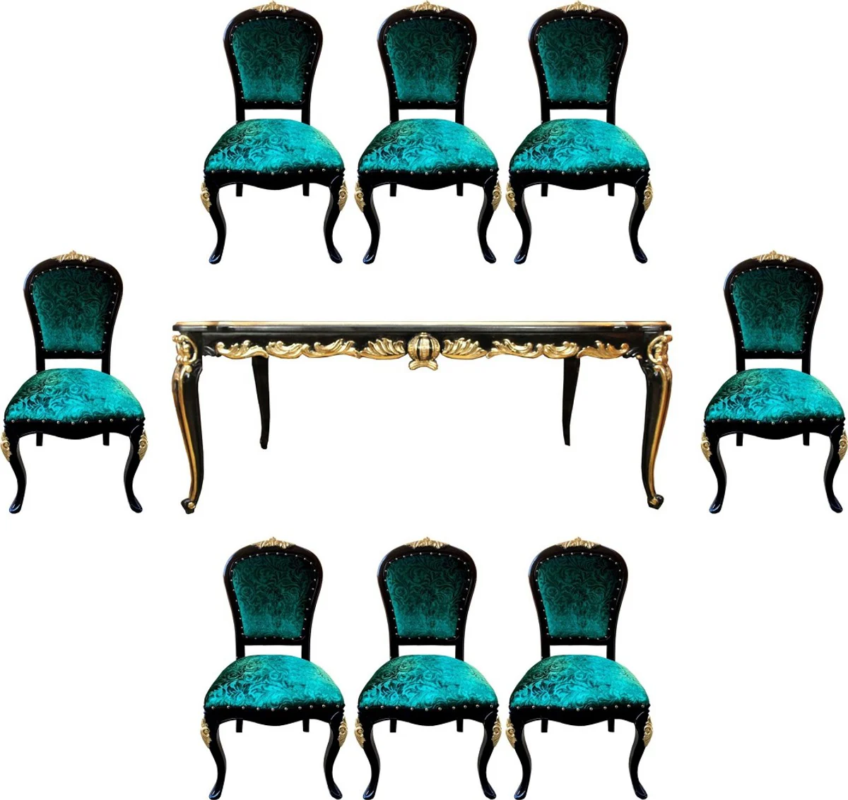 Pompöös by Baroque luxury dining room set green / black / gold - Pompöös baroque dining table with glass top and 8 chairs designed by Harald Glööckler - dining room furniture in the baroque style