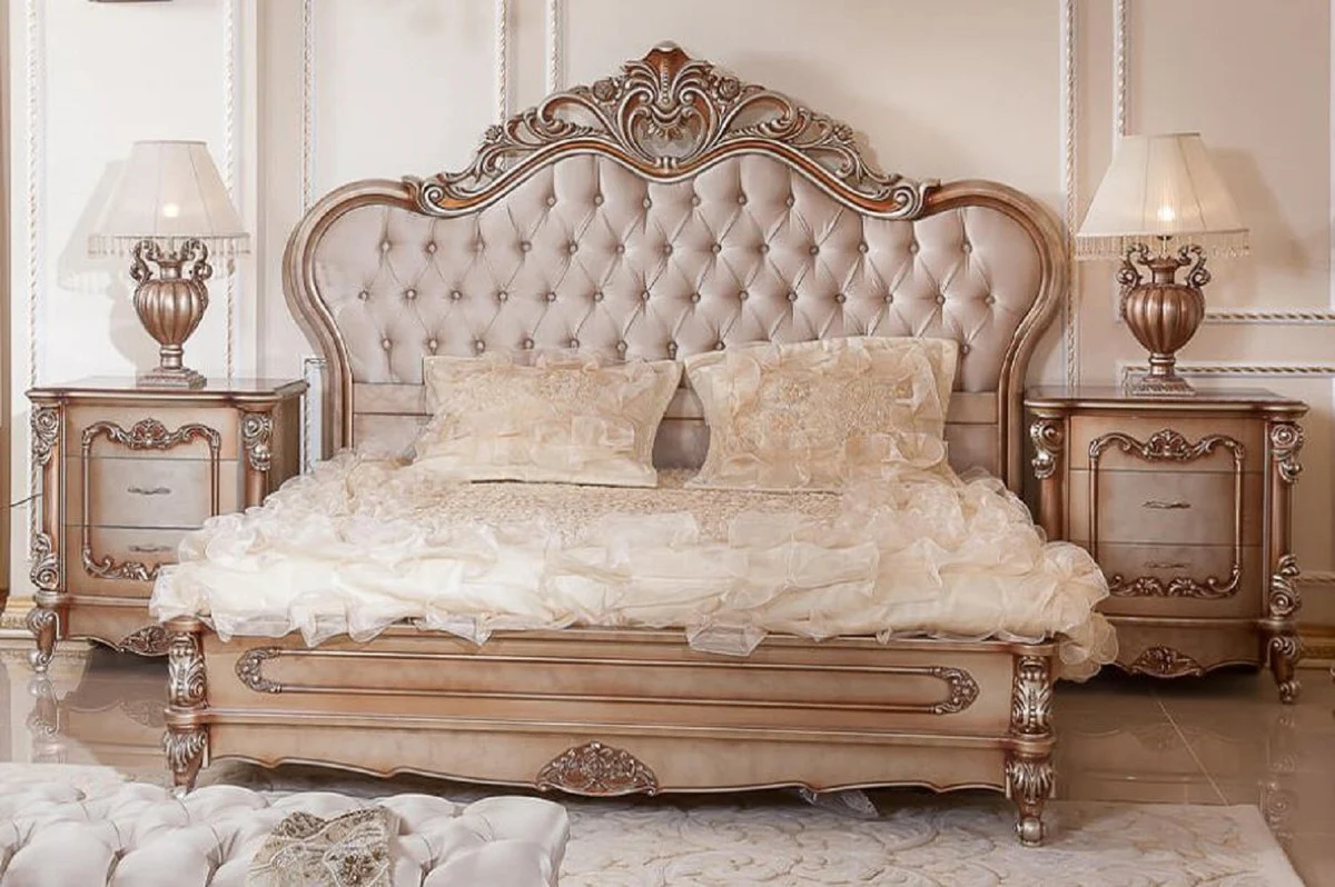 Luxury Baroque Bedroom Set Gray / Copper / Silver - 1 double bed with headboard & 2 nightstands - Baroque Bedroom Furniture - Luxury Furniture in Baroque Style - Noble & Magnificent