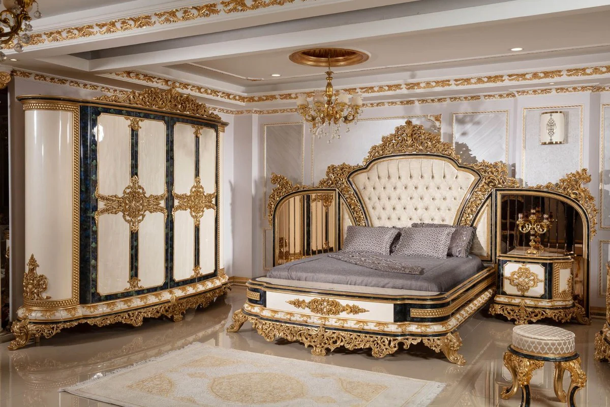 Luxury baroque double bed gold / white / blue / gold - magnificent solid wood bed with mirrored headboard - bedroom furniture in baroque style - noble and magnificent