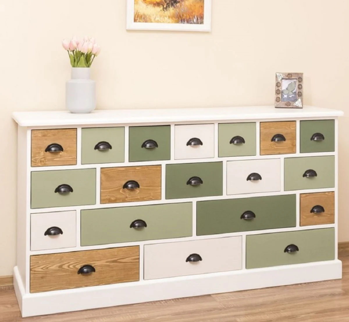 Country house style chest of drawers white / green / natural colors 180 x 48 x H. 95 cm - solid wood cabinet with 19 drawers - country house style furniture - furniture in country house style - country house style furnishings