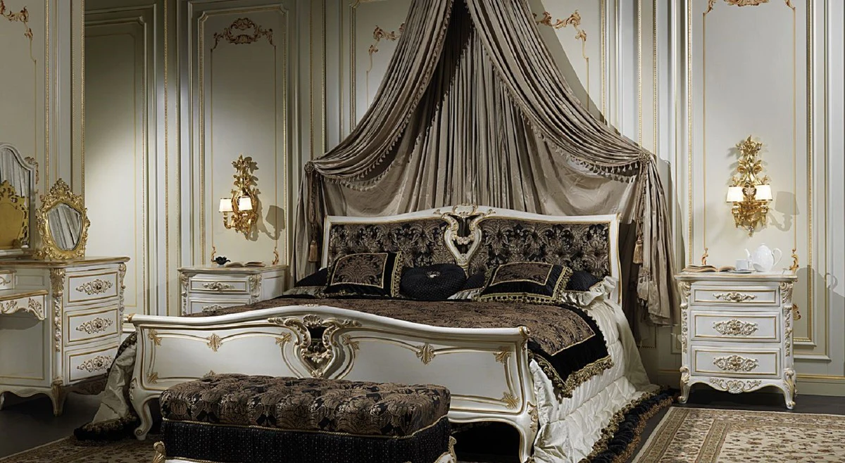 Luxury Baroque Bedroom Set White / Gold - 1 Dressing Table & 1 Mirror & 1 Armchair - Magnificent Bedroom Furniture - Hotel Furniture - Castle Furniture - Luxury Quality - Made in Italy