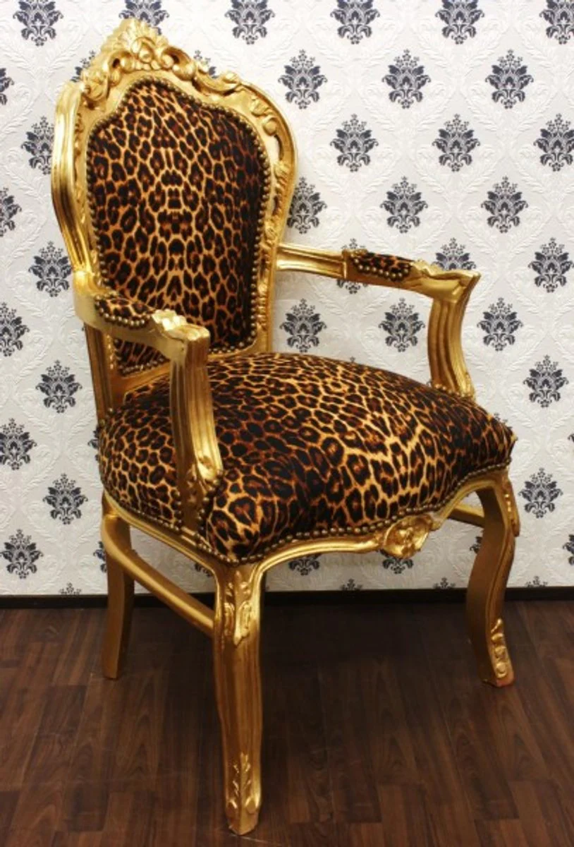 Baroque dining room chair leopard / gold with armrests