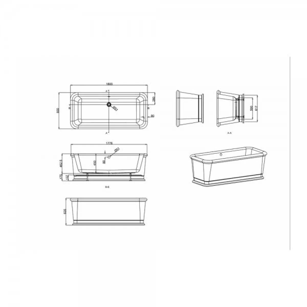 Freestanding rectangular bathtub 1800mm BLon - Freestanding retro antique bathtub