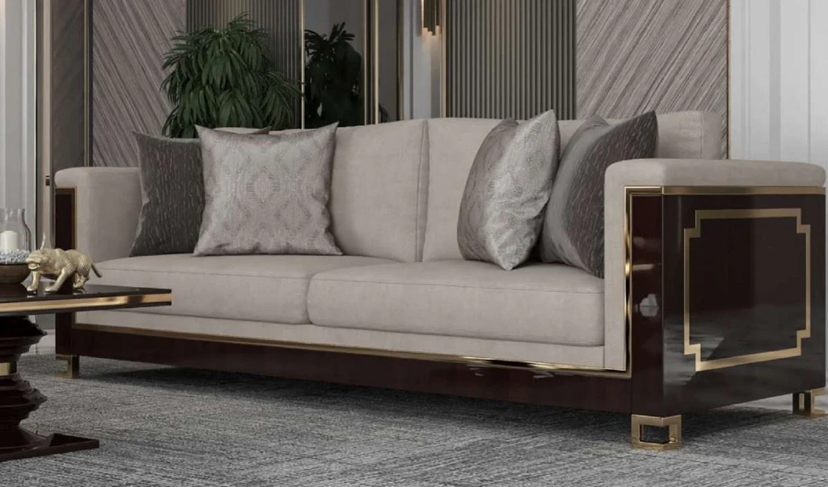 Luxury Art Deco sofa light gray / dark brown high gloss / gold - handmade solid wood living room sofa with elegant velvet fabric - luxury quality - Art Deco furniture