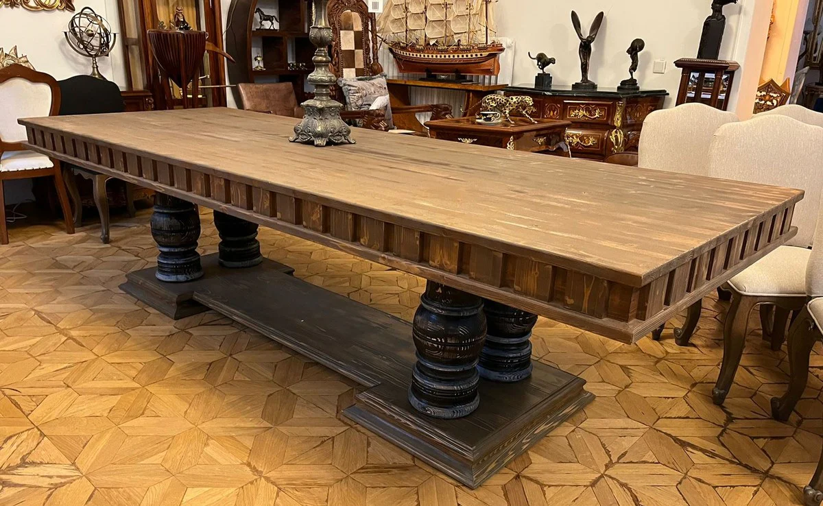 Country house style dining table antique brown 300 x 110 x H. 78 cm - Rustic solid wood kitchen table - Rustic solid wood dining room furniture - Country house style dining room furniture