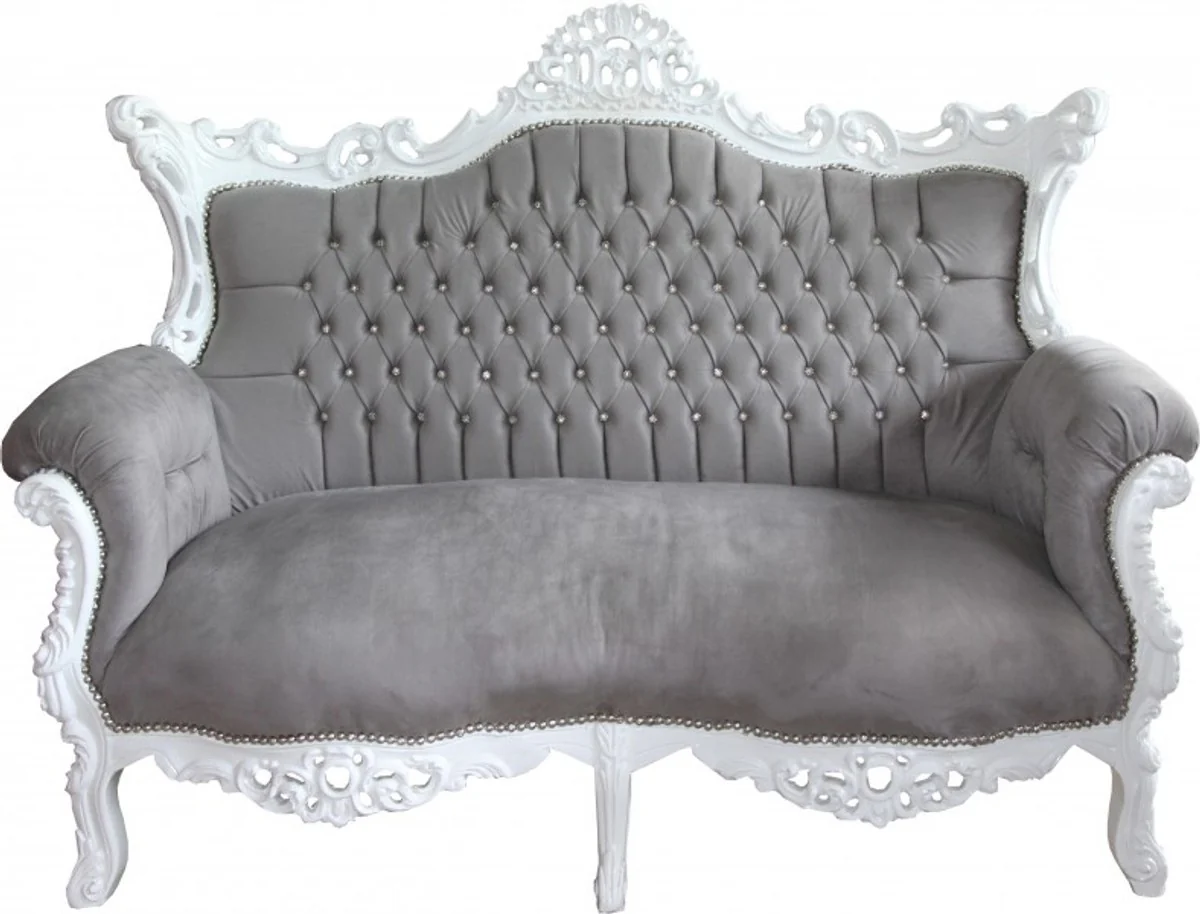 Baroque 2-seater sofa Master gray / white with bling bling glitter stones - antique style living room furniture - limited edition