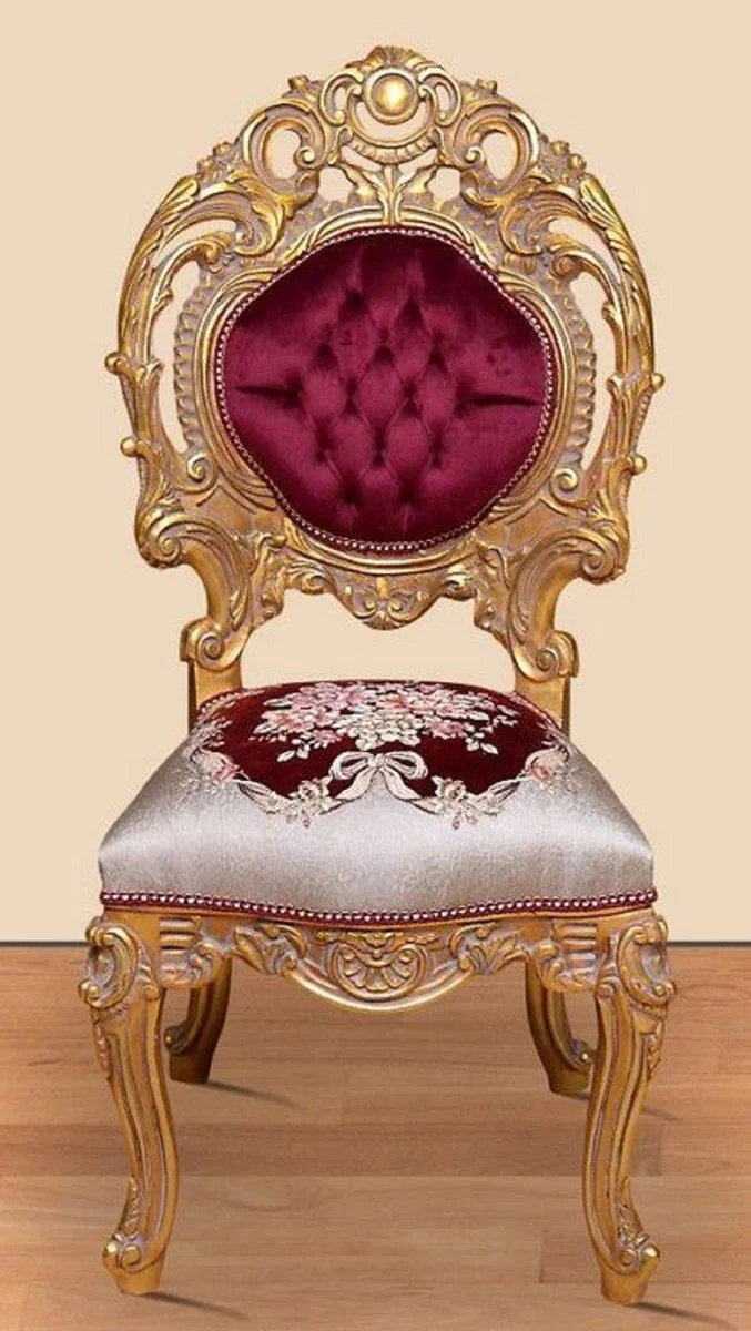 Baroque dining room chair Bordeaux red / silver / gold 60 x 50 x H. 120 cm - Magnificent solid wood kitchen chair with an elegant pattern - Baroque dining room furniture