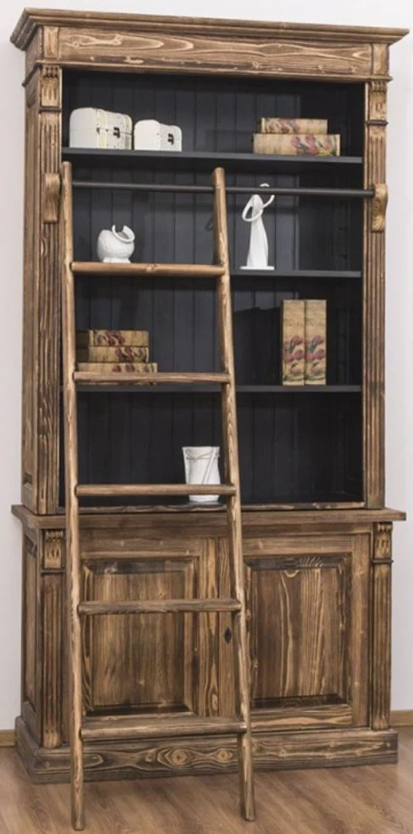 Country house style bookcase with ladder brown / black 120 x 51 x H. 228 cm - solid wood cabinet - shelf cabinet - living room cabinet - office cabinet - country house style furniture