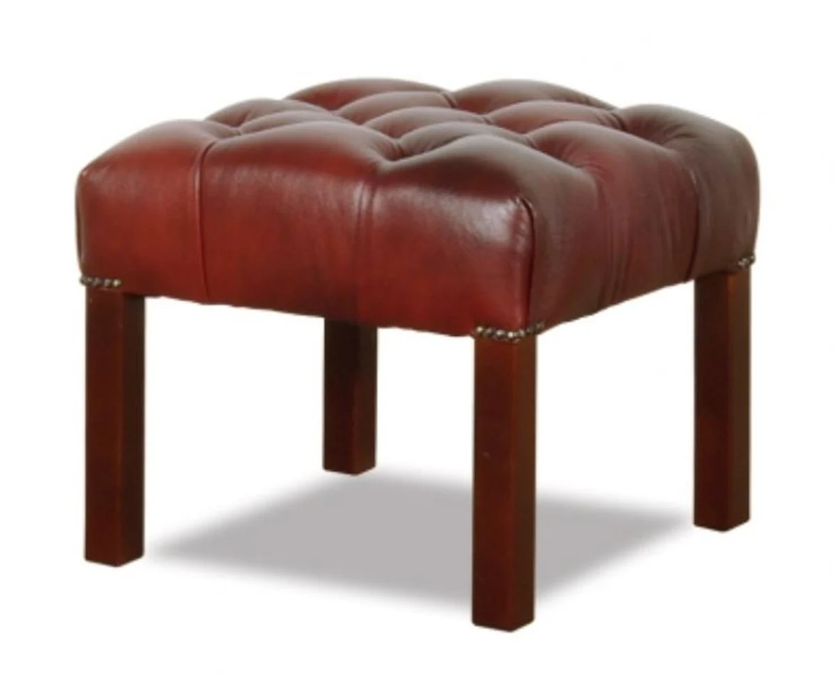 Chesterfield genuine leather stool in wine red with dark brown legs 50 x 50 x H. 45 cm - living room furniture