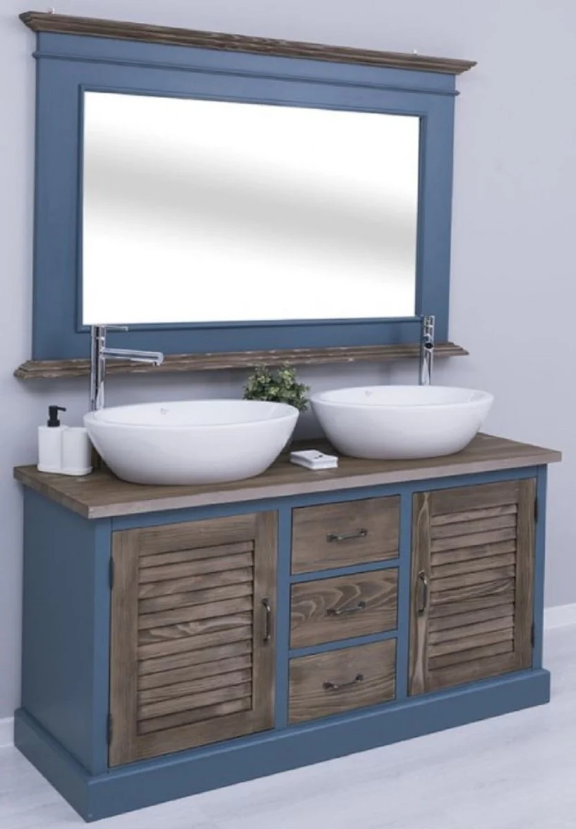 Country house style bathroom set blue / dark brown - 1 double washbasin & 2 sinks & 2 taps & 1 wall mirror - Solid wood bathroom furniture in country house style