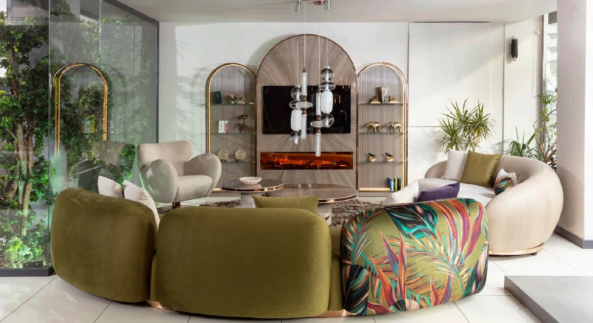 Luxury sofa green / multicolored / copper 330 x 110 x H. 70 cm - Curved living room sofa - Hotel sofa - Living room furniture - Hotel furniture - Luxury furniture - Luxury furnishings