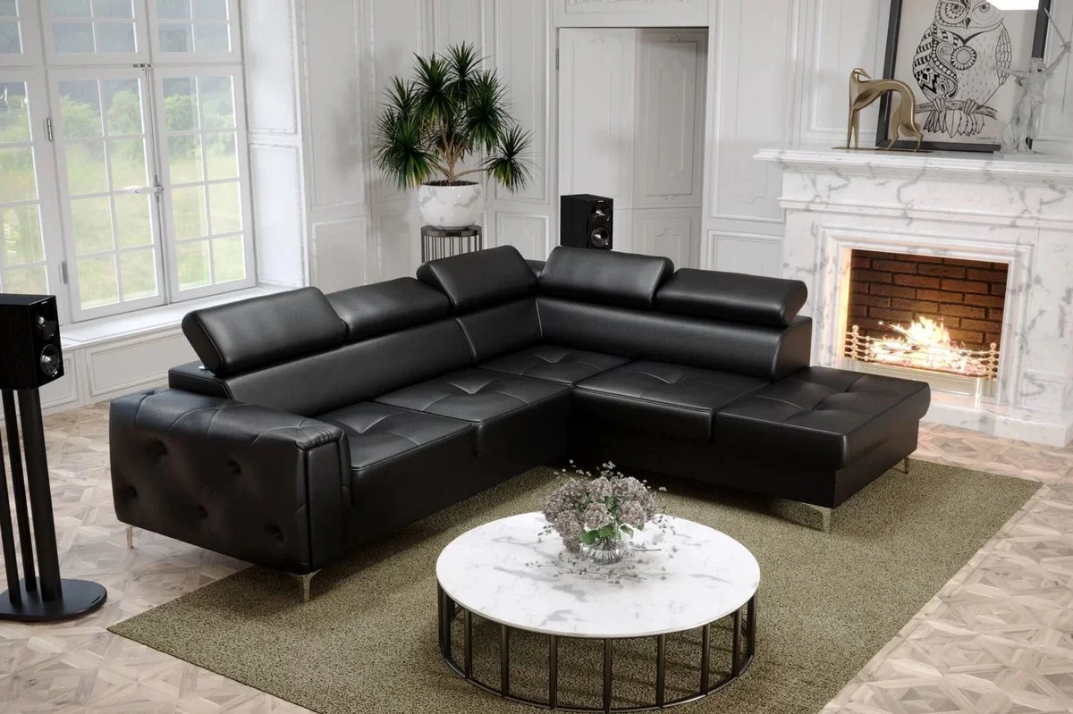 Luxury leather corner sofa black / silver 255 x 225 x H. 78-99 cm - natural leather living room sofa with adjustable headrests - living room furniture - leather furniture - luxury furniture