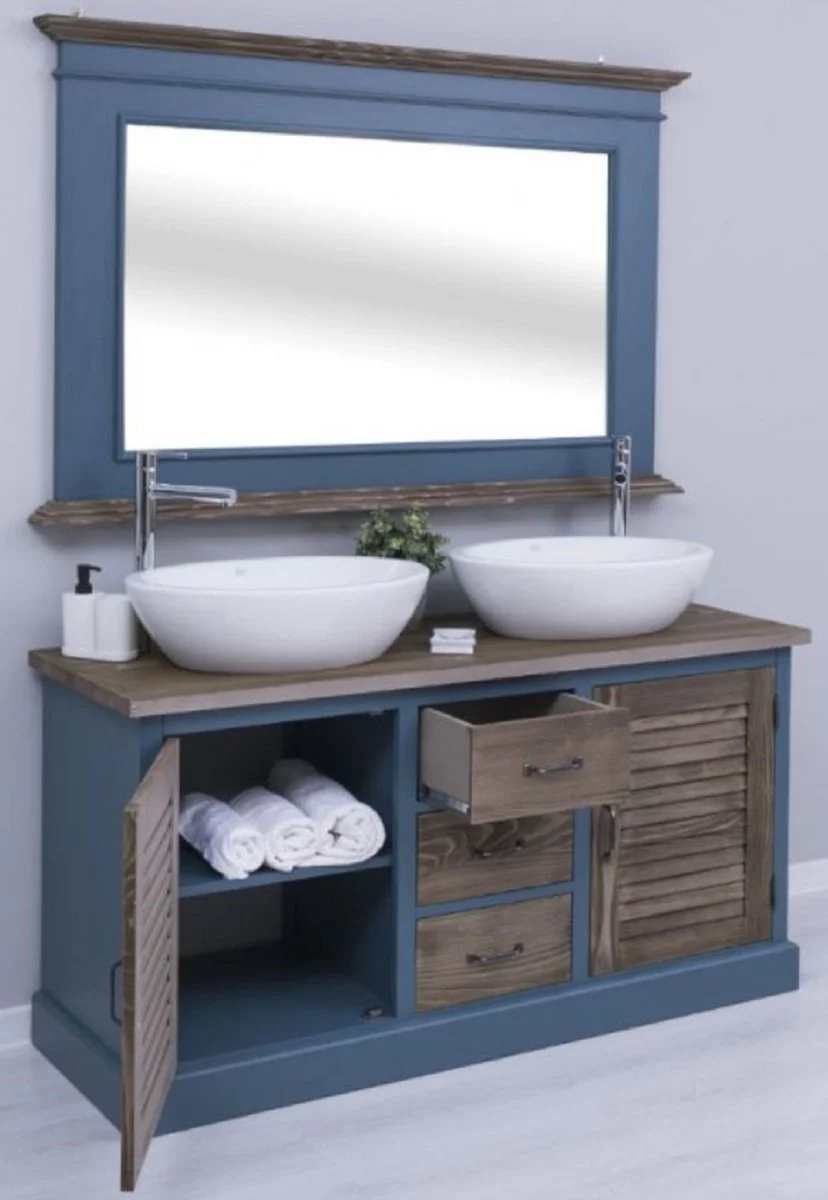 Country house style bathroom set blue / dark brown - 1 double washbasin & 2 sinks & 2 taps & 1 wall mirror - Solid wood bathroom furniture in country house style