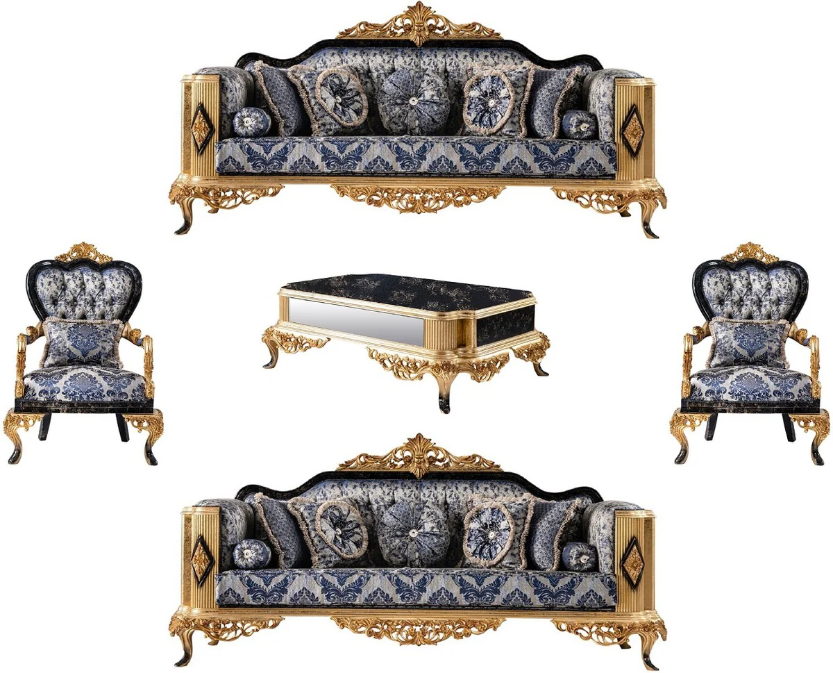 Luxus Barock Wohnzimmer Set Blau / Schwarz / Gold - 2 Barock Sofas & 2 Barock Sessel & 1 Barock Couchtisch - Luxus Wohnzimmer Möbel im Barockstil - Barock Möbel - Edel & Prunkvoll