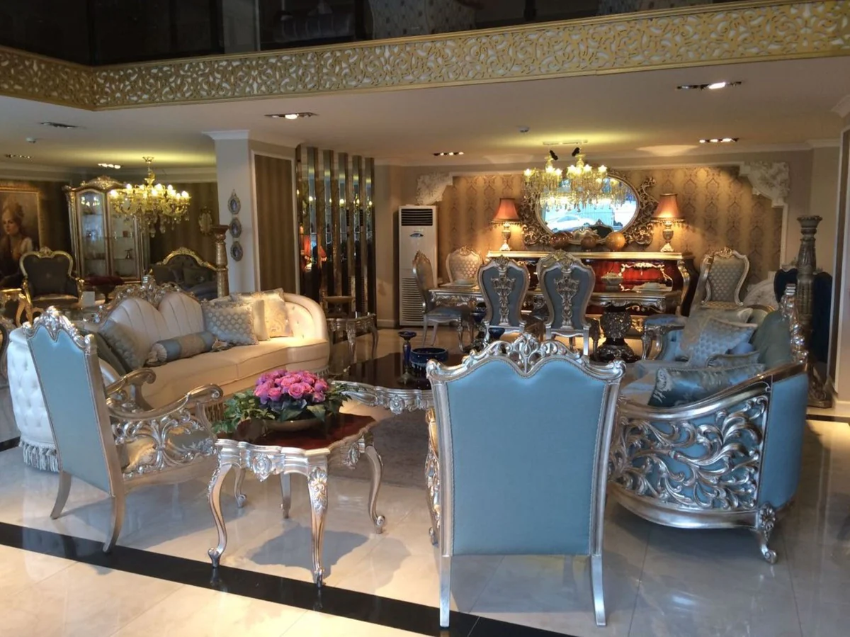 Luxury baroque living room sofa light blue / beige / silver 295 x 95 x H. 115 cm - Magnificent sofa in baroque style - Noble baroque living room furniture