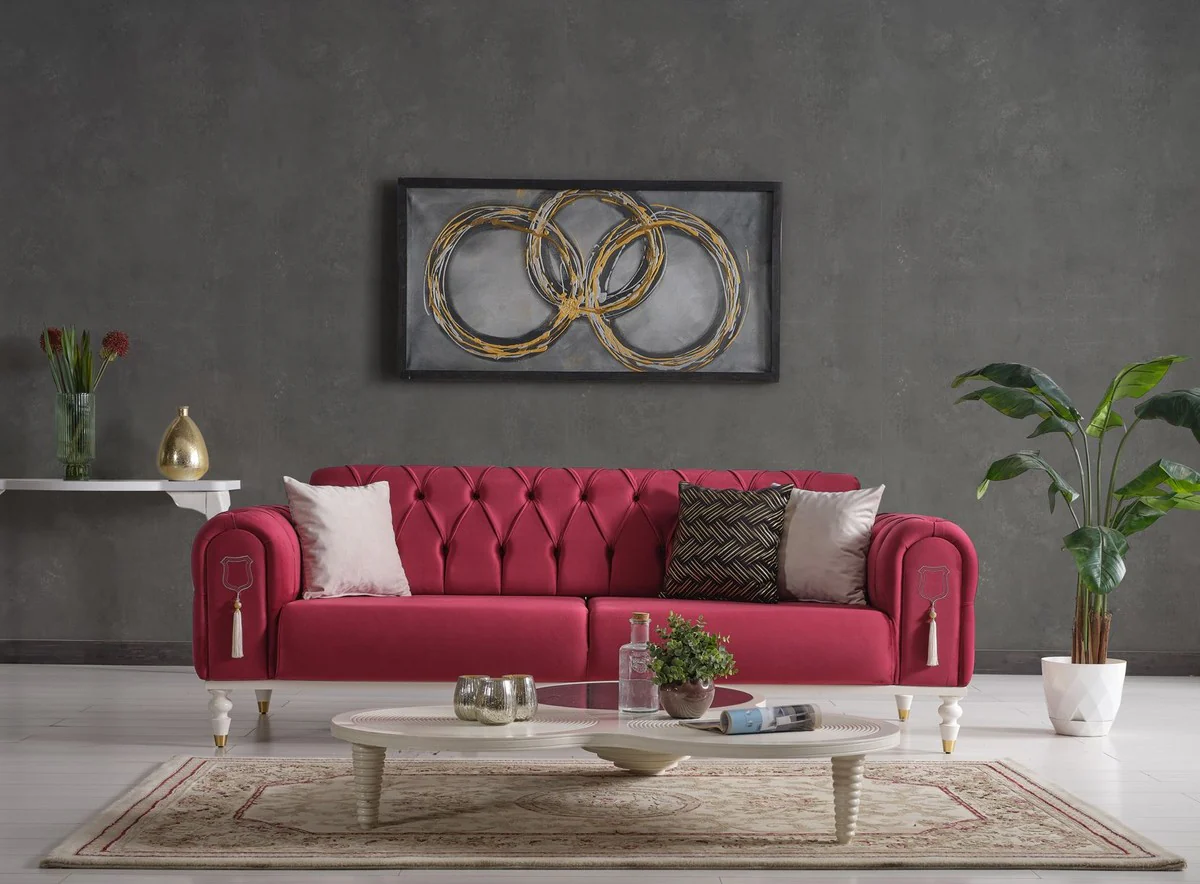 Luxury Chesterfield sofa bed red / white / gold 230 x 95 x H. 83 cm - Living room sofa with 3 cushions - Luxury living room furniture