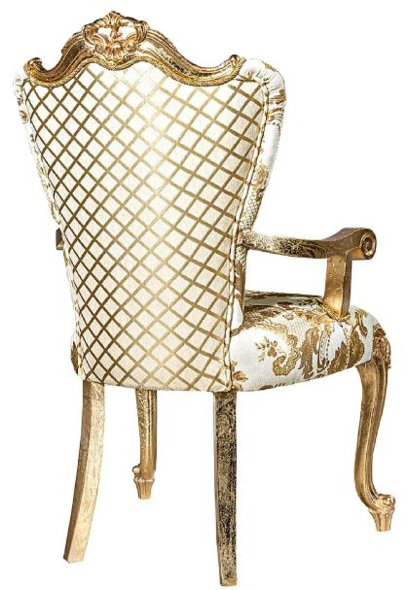 Luxury Baroque dining room chair set white / gold - 6 handmade kitchen chairs with armrests and elegant pattern - Baroque dining room furniture - noble & magnificent
