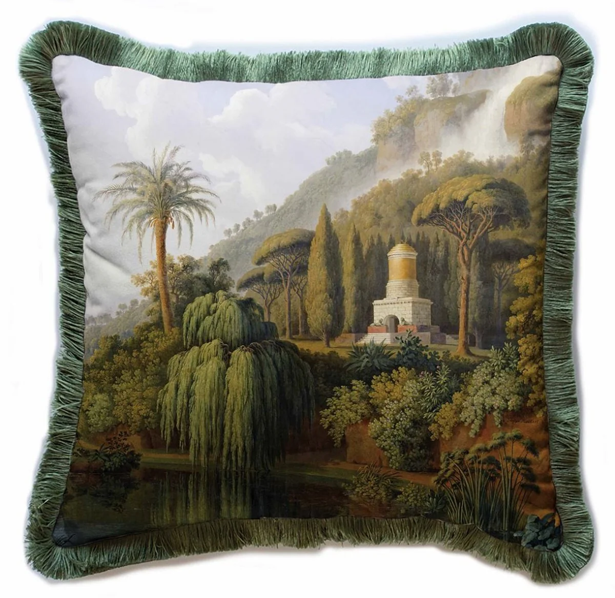 Luxury decorative cushion landscape multicolored / green 45 x 45 cm - printed velvet cushion with fringes - luxury decorative accessories