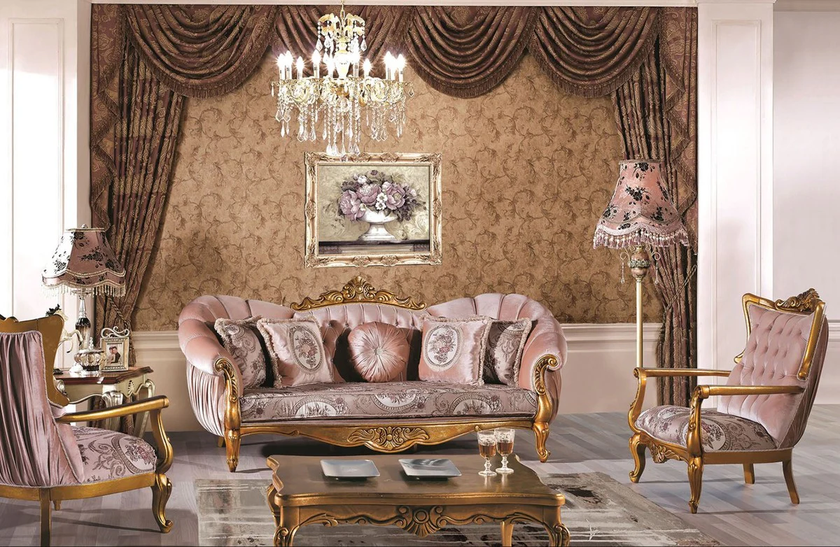 Luxury baroque sofa pink / gold 220 x 90 x H. 110 cm - magnificent living room sofa with glittering stones and decorative pillows