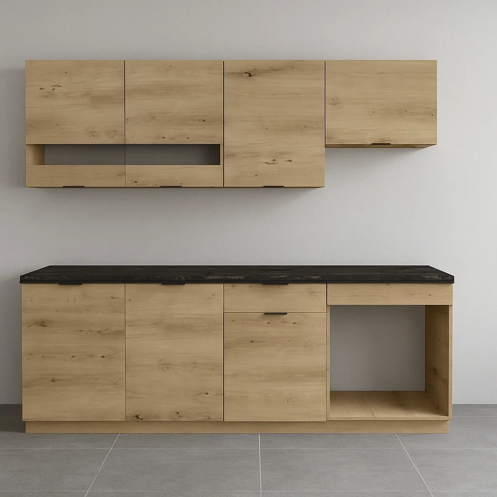 Komplette Küche – Beige und helle Naturfarbe – Melamin – Innenmaße – 200 cm x 60 cm x 82 cm – NdrRmKaDIbyJ