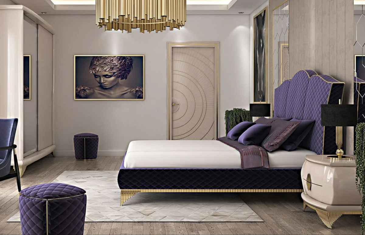 Luxury Art Deco nightstand cream / gold 75 x 50 x H. 55 cm - Elegant solid wood bedside table with 2 drawers - Art Deco bedroom & hotel furniture - Luxury collection