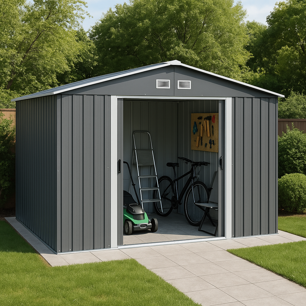 Gartenhaus aus anthrazitgrauem Metall, Stahl, zur Aufbewahrung von Gartengeräten, 280 x 210 x 240 cm