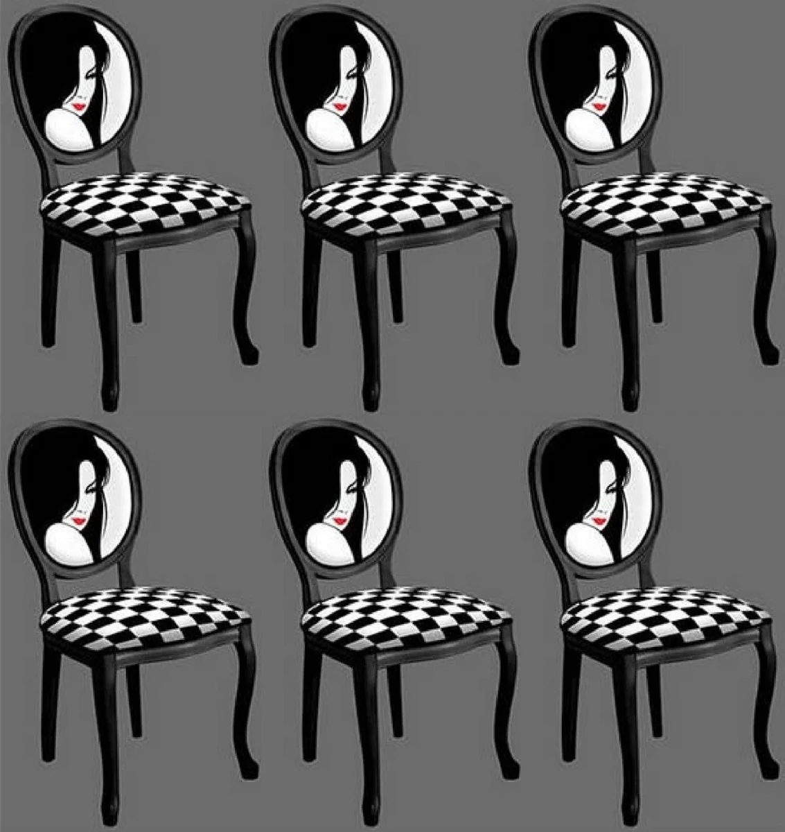 Baroque Dining Room Chair Set Black / White / Red - 6 Handmade Kitchen Chairs in Baroque Style - Baroque Dining Room Furniture