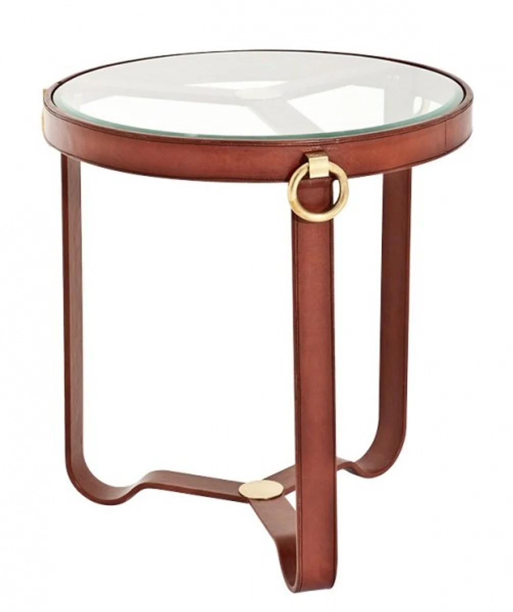 Luxury designer side table with glass top round genuine leather with brass applications