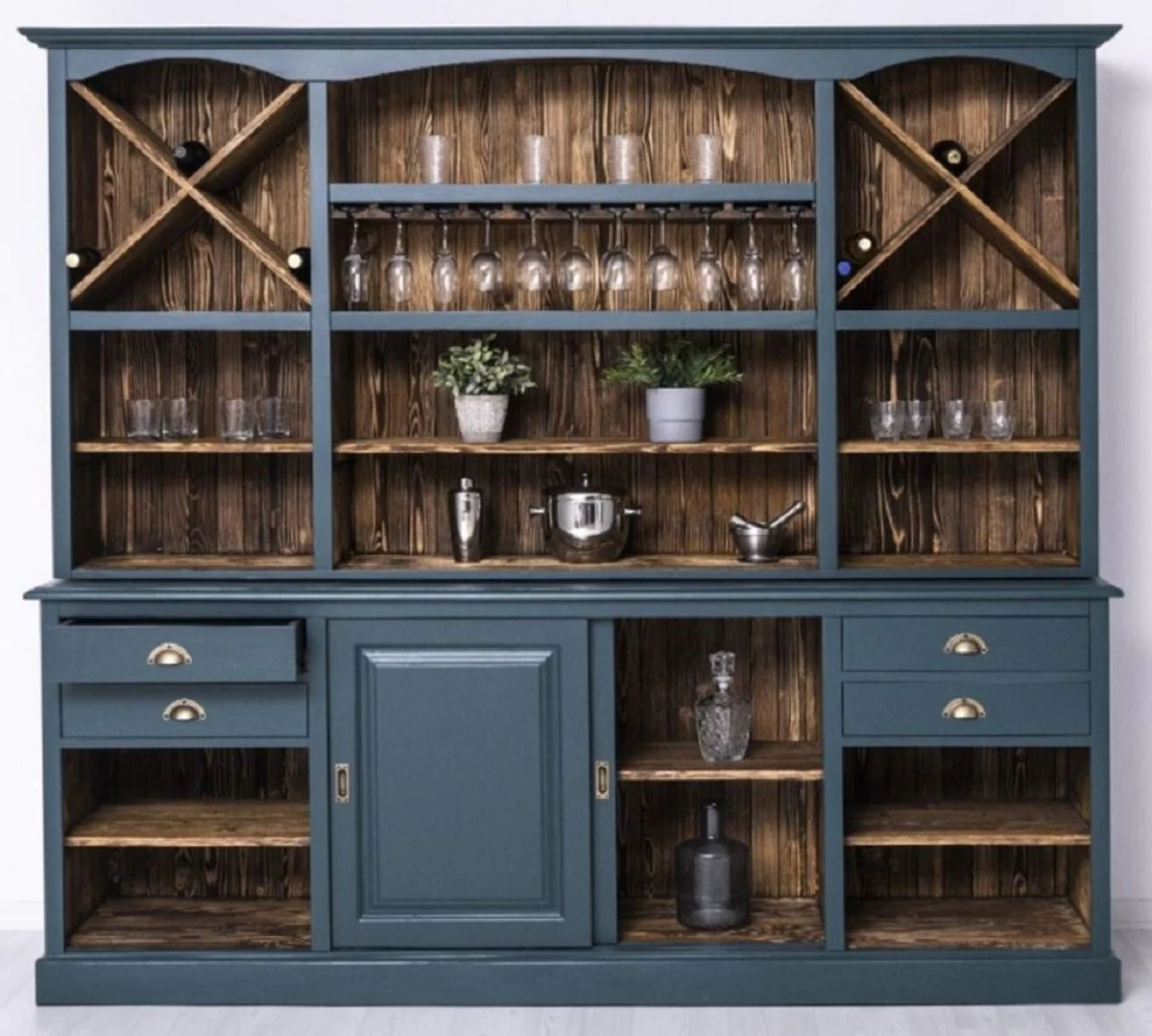 Country house style bar cabinet blue / dark brown 240 x 50 x H. 210 cm - Solid wood wine cabinet in country house style - Country house style furniture - Bar furniture in country house style - Country house style furnishings