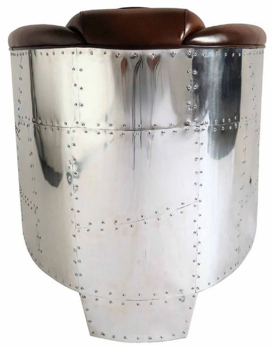 Luxury Art Deco genuine leather armchair dark brown / silver 90 x 72 x H. 68 cm - aluminum armchair with high-quality leather - lounge armchair - aluminum airplane aviator armchair furniture