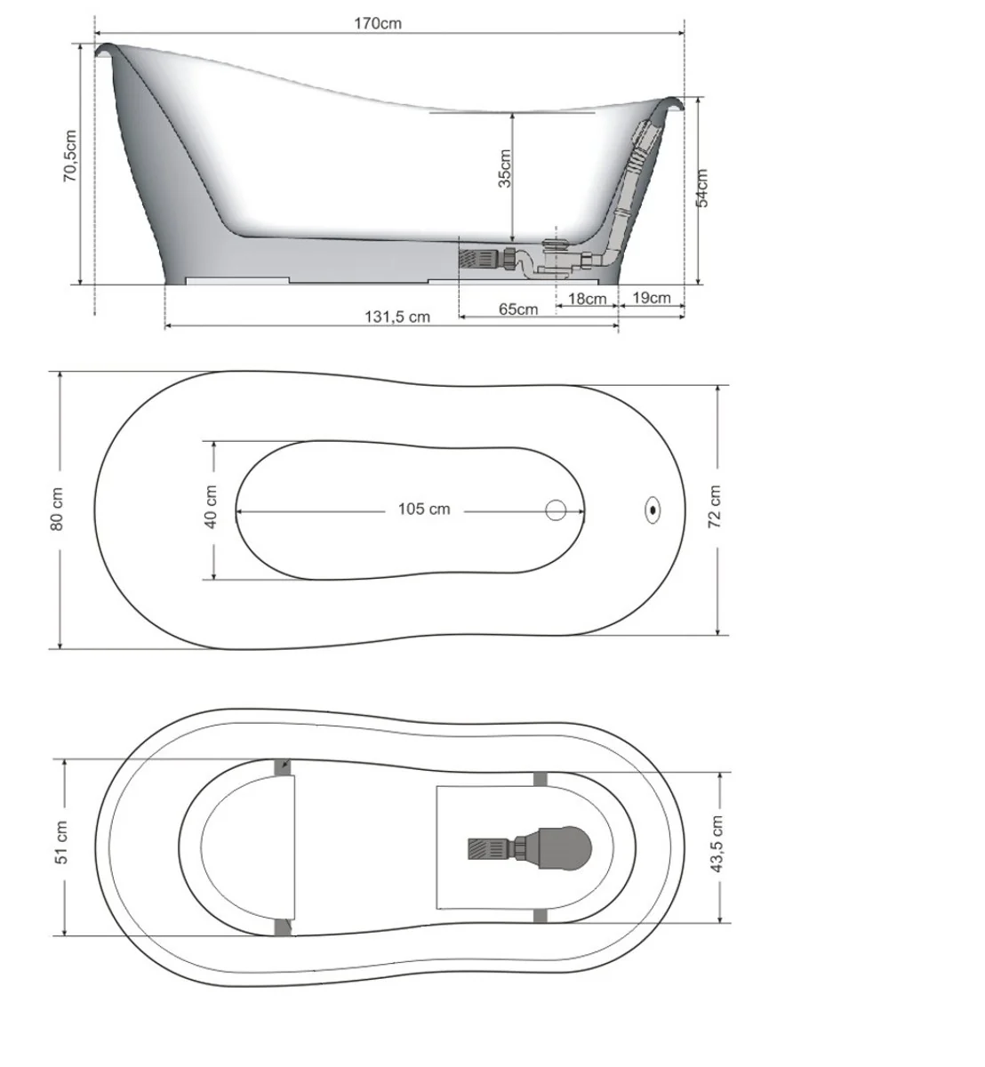 Luxury Art Nouveau bathtub white 170 x 80 x H. 70.5 cm - Freestanding retro antique bathtub - Bathroom furniture