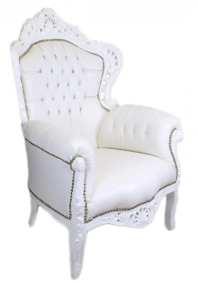 Barock Sessel King Weiß Lederoptik mit Bling Bling Glitzersteinen - Luxus Barock Möbel