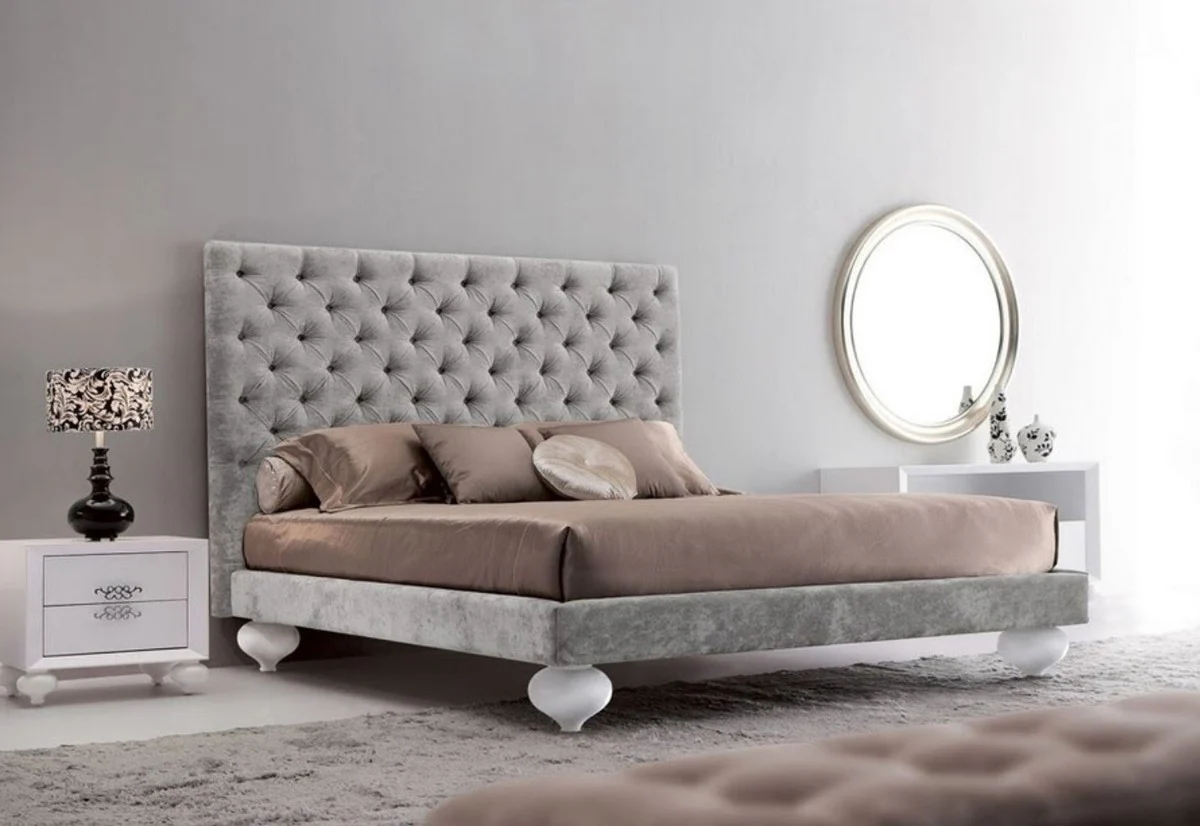 Art Deco Chesterfield double bed 201 x 220.6 x H. 150.2 cm - Various colors - Solid wood bed with headboard and elegant velor fabric - Art Deco bedroom furniture