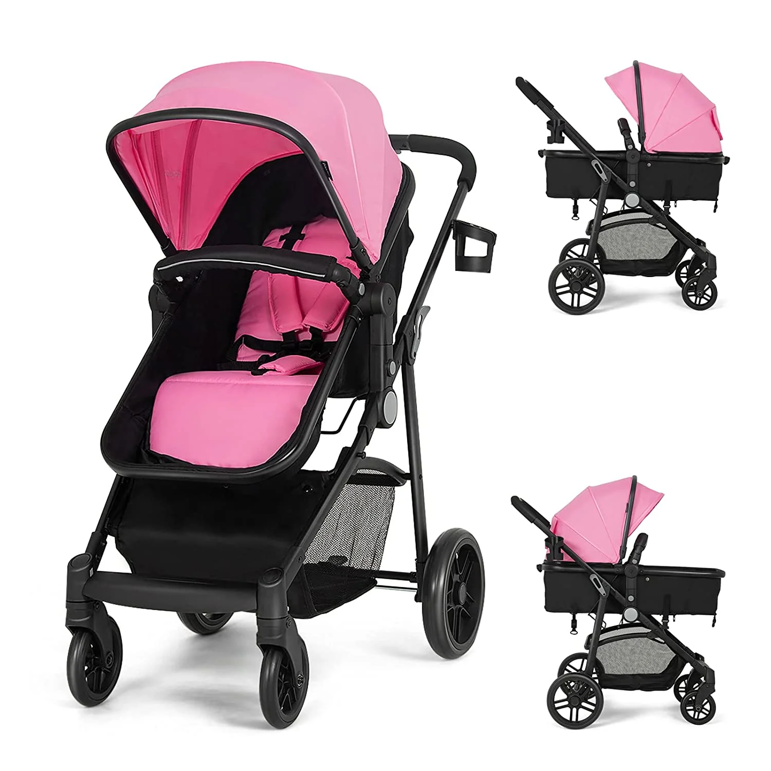 Kinderwagen, umwandelbarer Hochformat-Kinderwagen mit Stubenwagen, verstellbares Verdeck und Rückenlehne, Aufbewahrungskorb, Getränkehalter, faltbarer Kinderwagen für Neugeborene (Rosa)