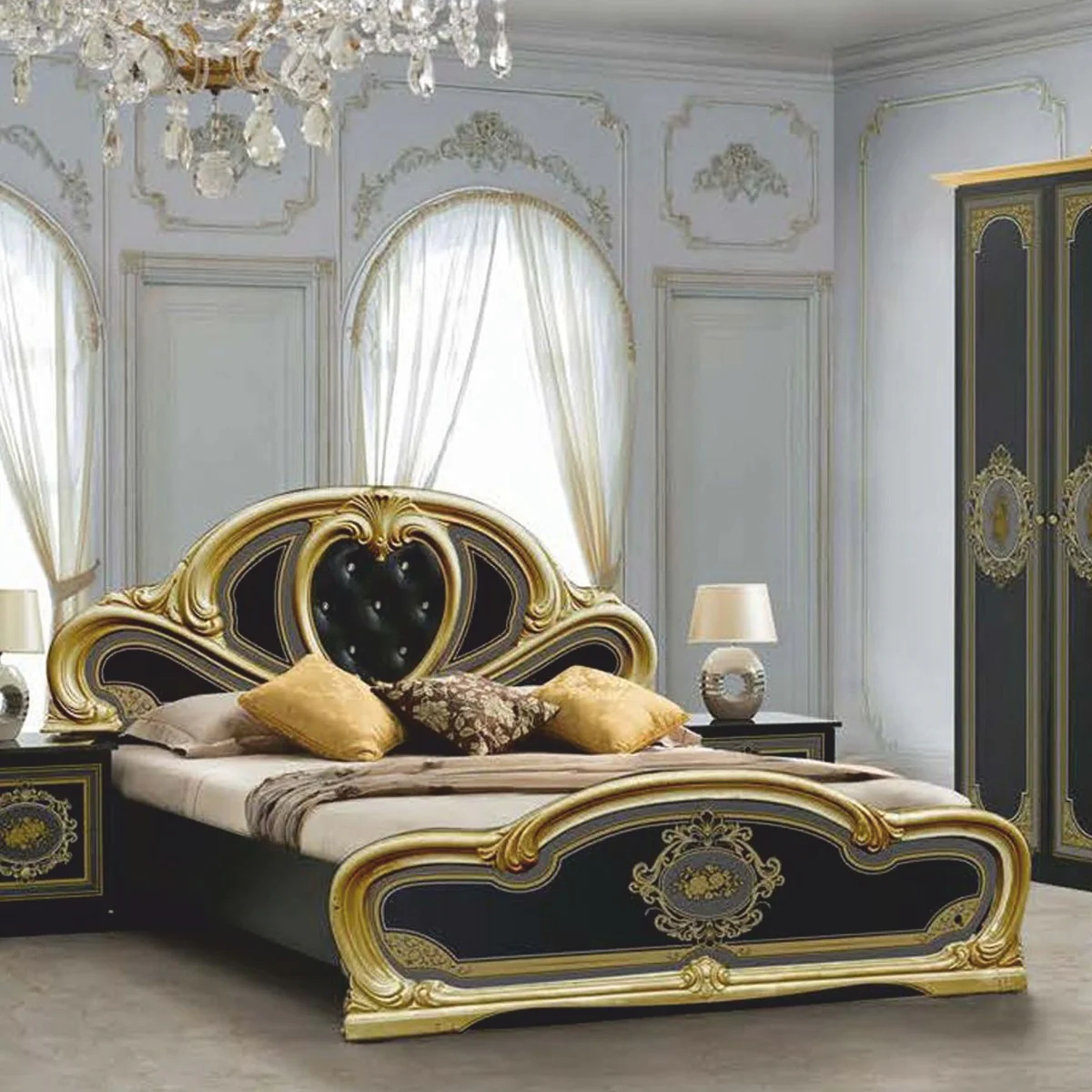 Luxury baroque double bed with rhinestones black / gray / gold - bedroom furniture