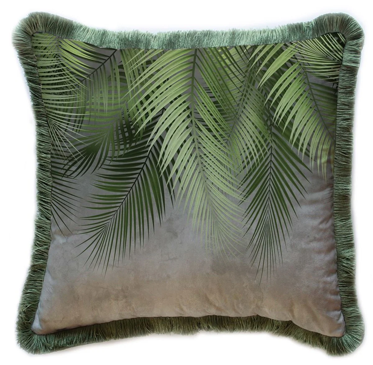 Luxury decorative cushion palm leaves gray / green 45 x 45 cm - printed velvet cushion with fringes - luxury decorative accessories