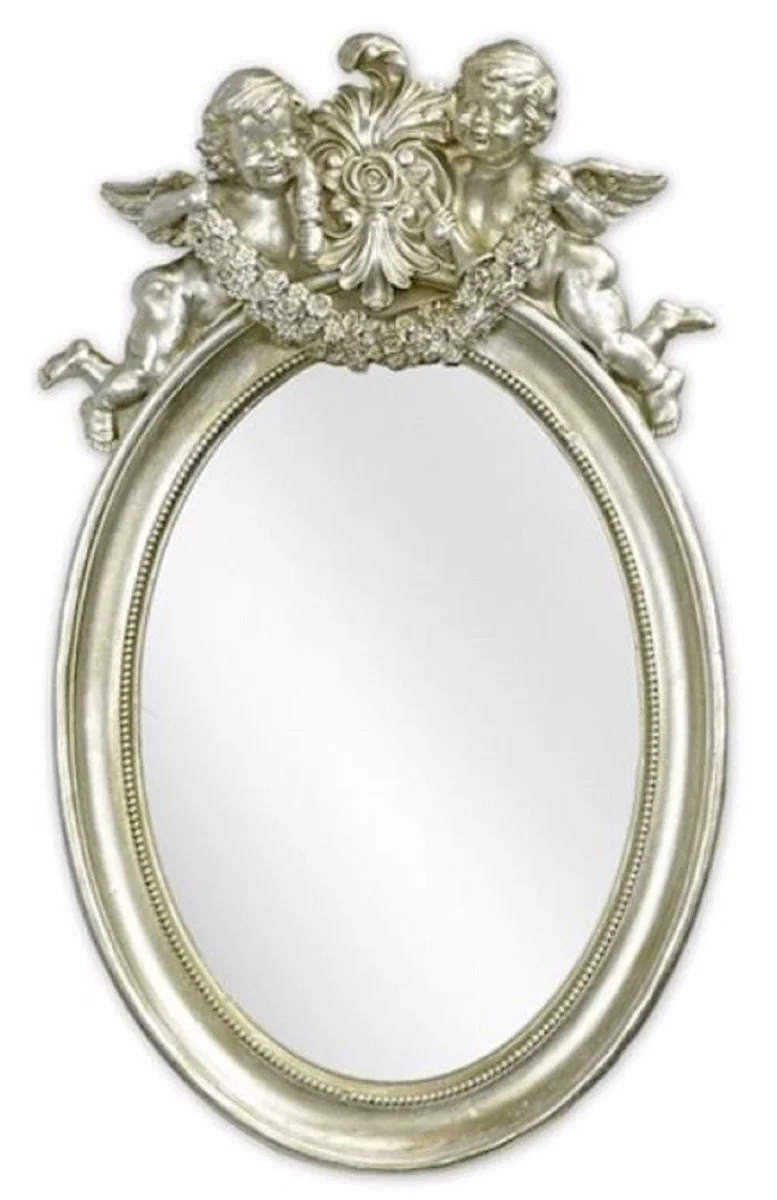 Barock Spiegel Silber 29,2 x H. 49,3 cm - Antik Stil Wandspiegel mit dekorativen Engelsfiguren - Wohnzimmer Spiegel - Garderoben Spiegel - Barock Möbel