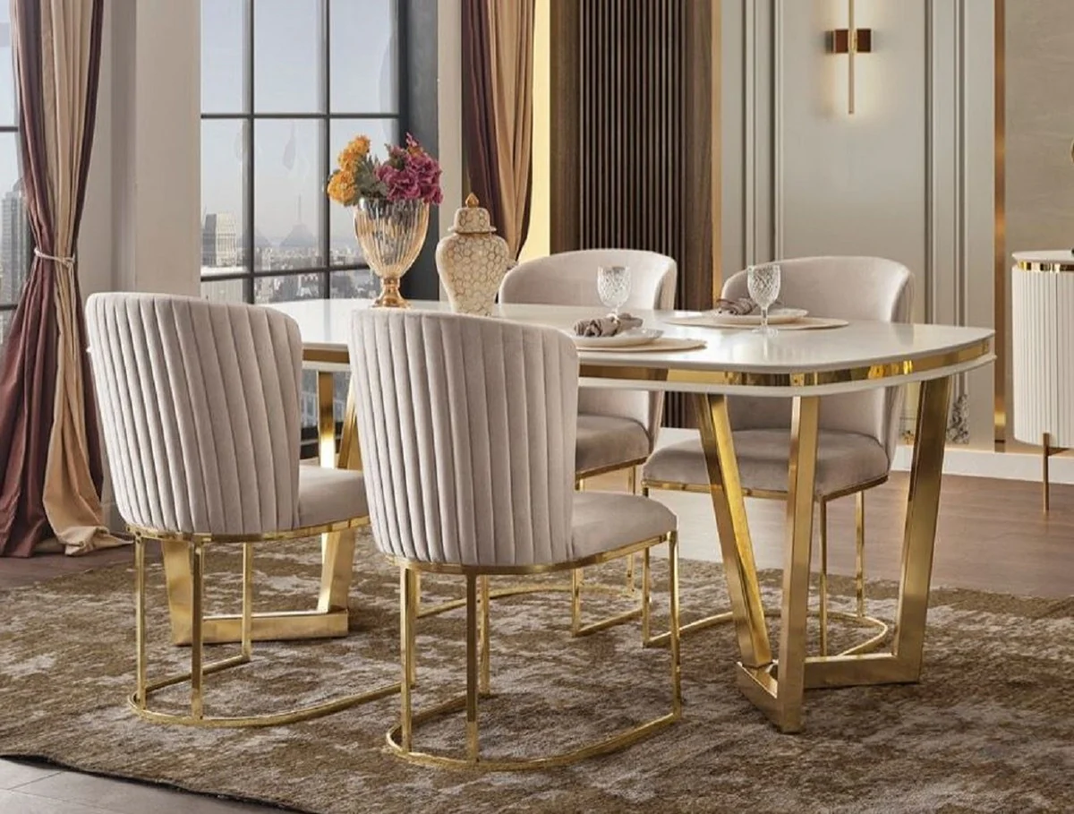 Luxury Dining Room Set White / Gray / Gold - 1 Dining Table & 4 Dining Chairs - Modern Dining Room Furniture