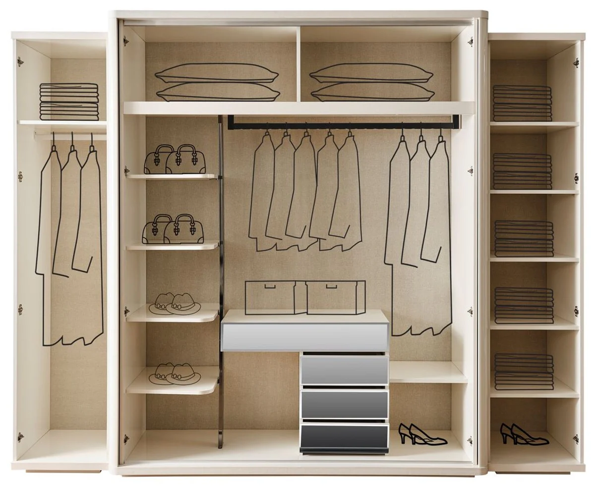 Luxury Art Deco bedroom wardrobe white / bronze 280 x 60 x H. 229 cm - Mirrored wardrobe with 4 doors - Bedroom furniture - Art Deco furniture - Luxury furniture - Luxury furnishings