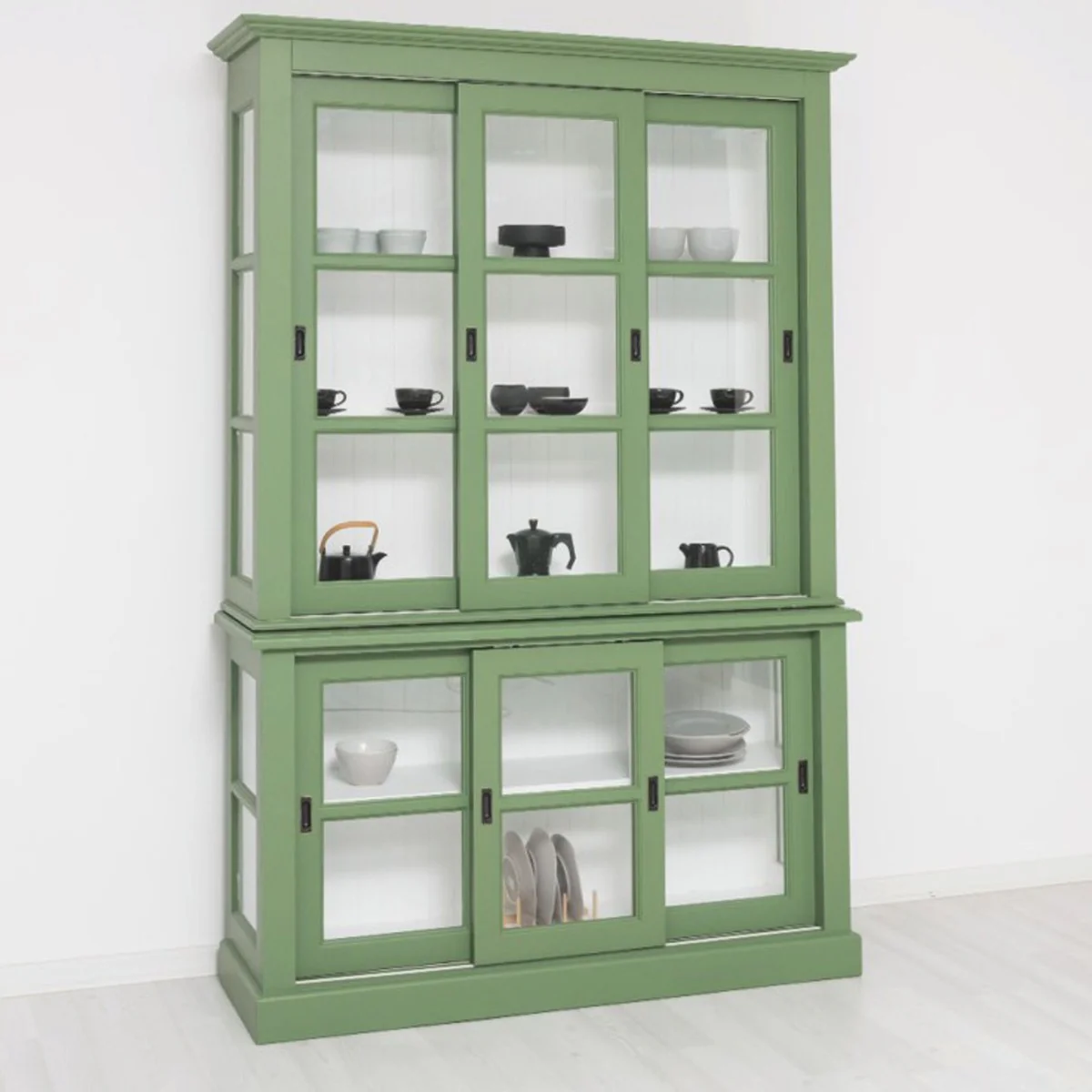 Country house style display cabinet with 6 sliding doors green / white 151 x 47 x H. 220 cm