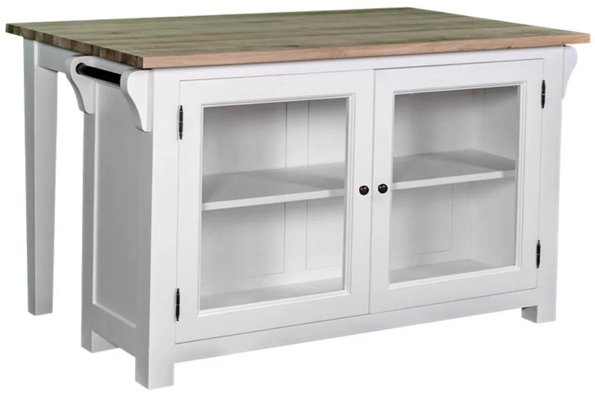 Country house style kitchen island white / natural colors 135 x 85 x H. 80 cm - country house style kitchen cabinet with 2 glass doors