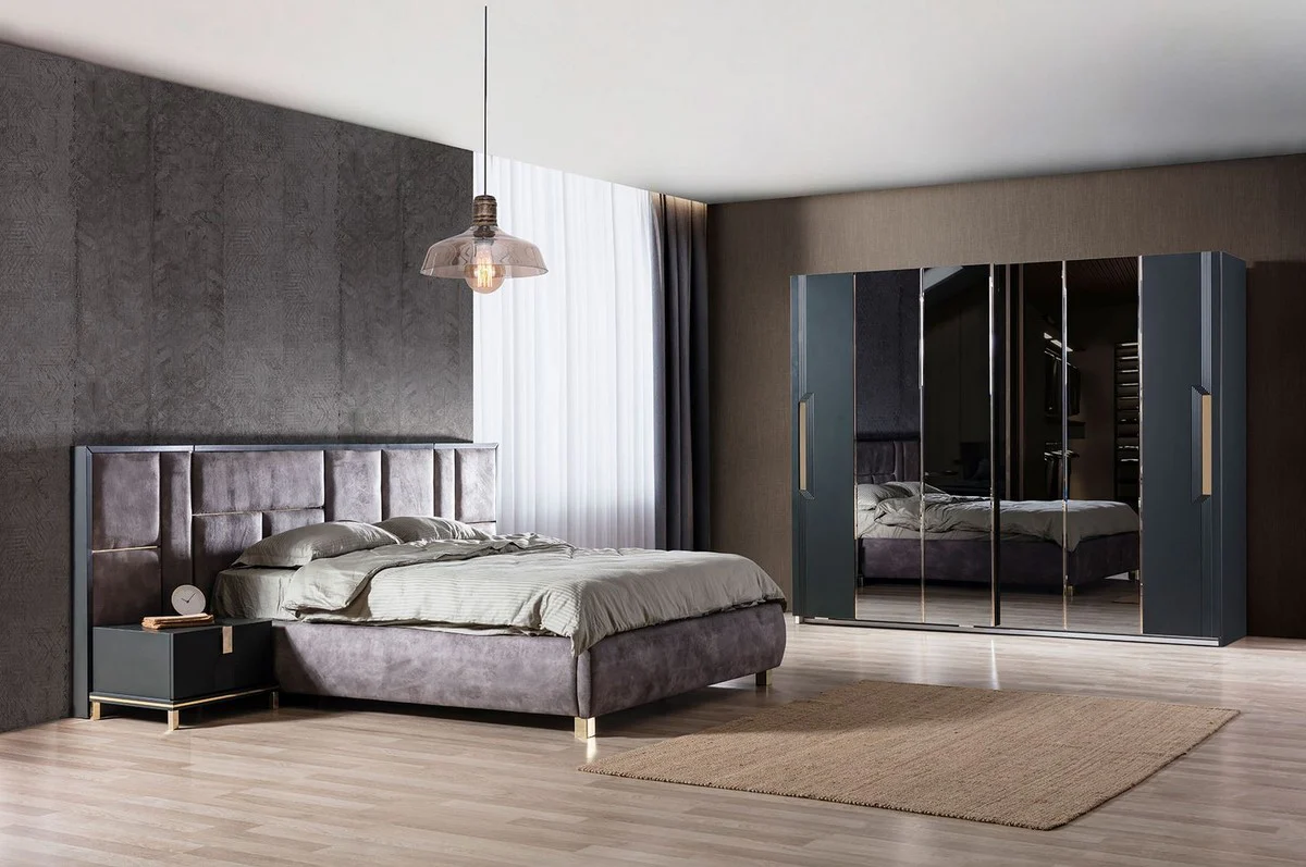 Luxury bedroom wardrobe black / gold 260 x 70 x H. 220 cm - Mirrored solid wood wardrobe with 2 sliding doors - Luxury bedroom furniture