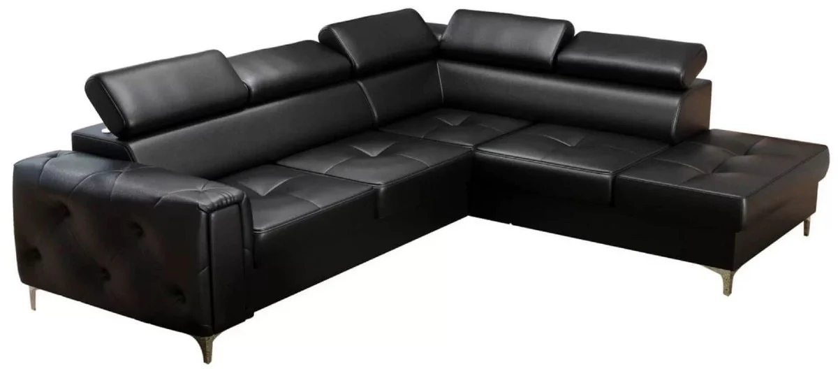 Luxury leather corner sofa black / silver 255 x 225 x H. 78-99 cm - natural leather living room sofa with adjustable headrests - living room furniture - leather furniture - luxury furniture