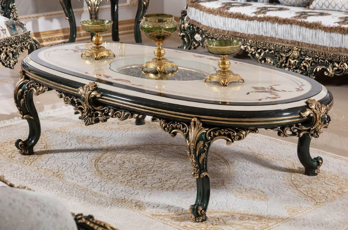 Luxury baroque coffee table beige / white / green / gold - magnificent solid wood living room table with glass top - baroque living room furniture - noble & magnificent