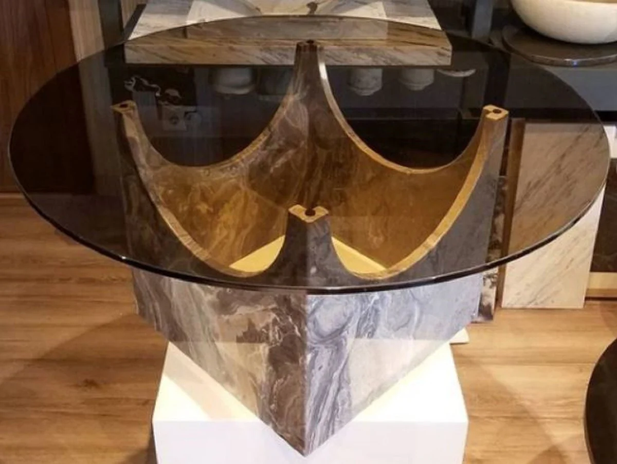 Luxury marble coffee table with glass top gray / bronze color Ø 90 x H. 43 cm - Round living room table made of high-quality marble - Luxury living room furniture