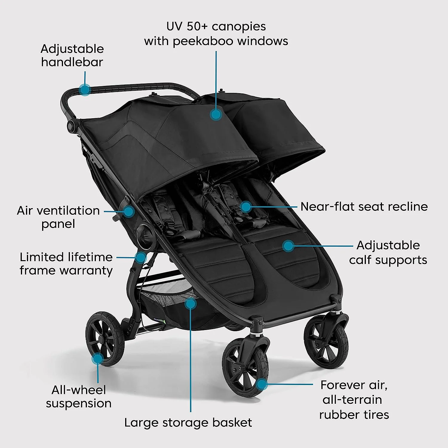 GT2 All-Terrain-Doppelkinderwagen, Jet, 40,7 x 29,25 x 42,25 Zoll (1 Stück)