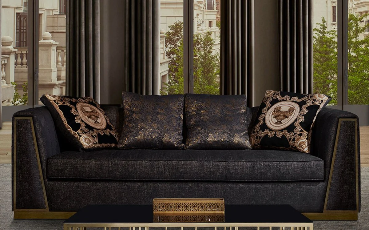 Luxury living room sofa with decorative pillows black / gold 238 x 97 x H. 72 cm - Luxury Furniture