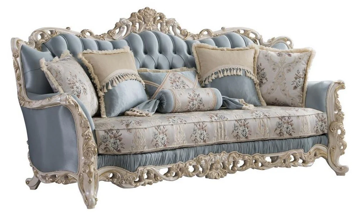 Luxury baroque living room sofa with decorative cushions light blue / cream / white / gold 240 x 90 x H. 120 cm - Noble baroque living room furniture