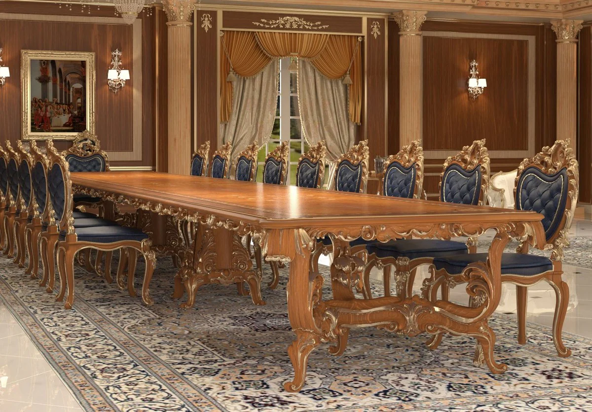 Luxury Baroque Dining Room Chair Set Dark Blue / Brown / Gold 57 x 62 x H. 105 cm - Magnificent Kitchen Chairs Set of 6 - Hotel Restaurant Castle Furniture - Luxury Quality - Made in Italy